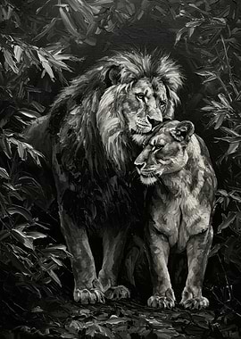 Lion and Lioness in Monochrome Painting