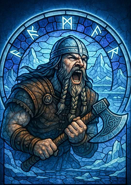 Viking Warrior with Axe Stained Glass