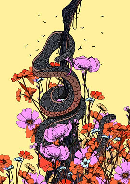 Snake in Flowers Illustration