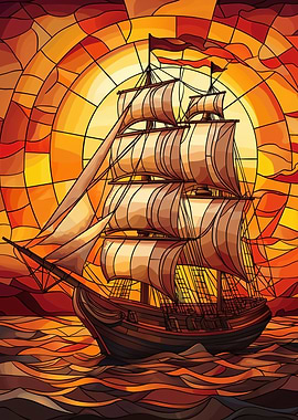 Sailing Ship at Sunset Stained Glass