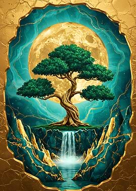 Golden Tree, Moon, and Waterfall