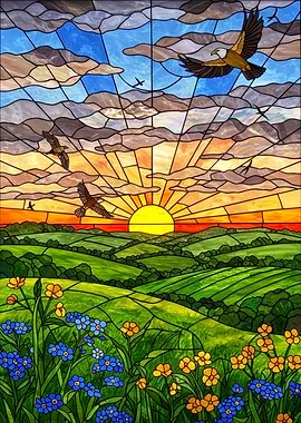 Stained Glass Landscape with Birds