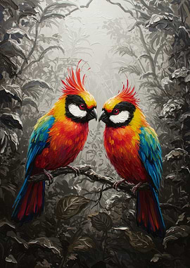 Colorful Birds in Forest Painting