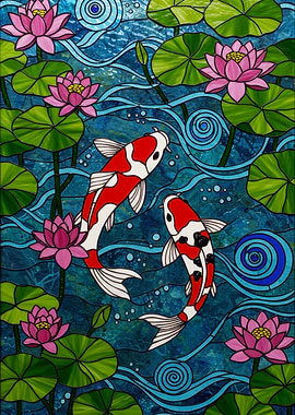 Koi Fish and Lotus Stained Glass