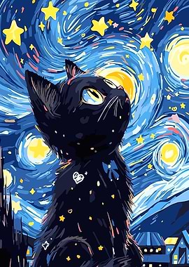 Black Cat Starry Night Painting