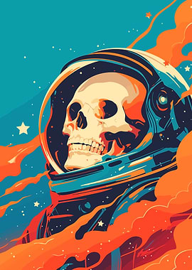 Skull Astronaut in Space Minimalist Pop Art Illustration