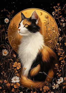 Calico Cat in Floral Golden Aura