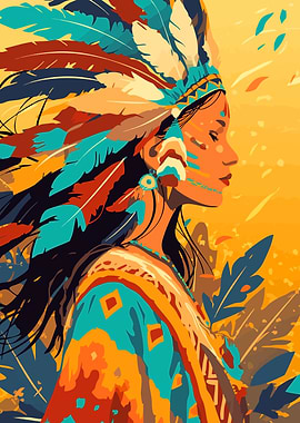 Native American Woman with Feathers Portrait Minimalist Art Illustration