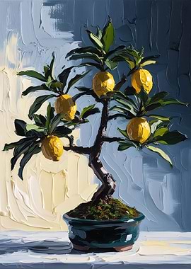 Serene Bonsai Lemon Tree Oil Painting