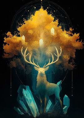 Mystical Deer with Golden Tree