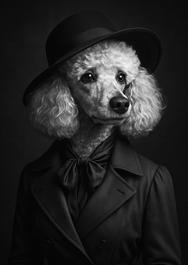 Elegant Poodle Portrait in Black and White - Elegant Poodle in Fedora and Coat