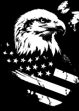 Eagle and American Flag Black and White