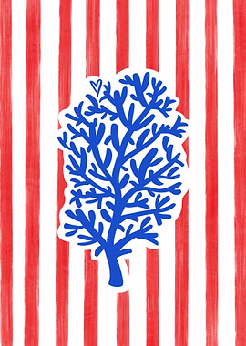 Coral blue Tree on Red and White Stripes
