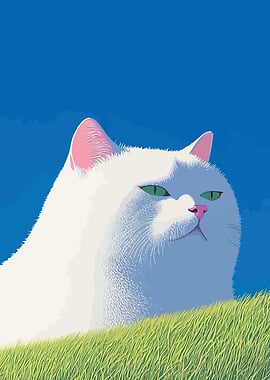 White Cat in Green Grass