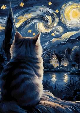 Cat gazing at starry night painting