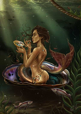 Mermaid with Pearls in Underwater Scene