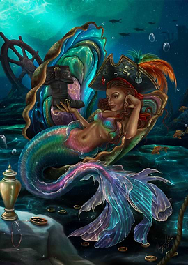 Pirate Mermaid in Seashell Throne