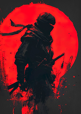 Silhouette of a Ninja with Red Moon