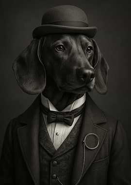 Dog in Suit and Bowler Hat - Distinguished Dachshund Gentleman with Monocle & Bowler Hat