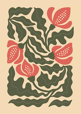 Elegant Red Floral Illustration – Botanical Wall Art with Hand-Drawn Flowers