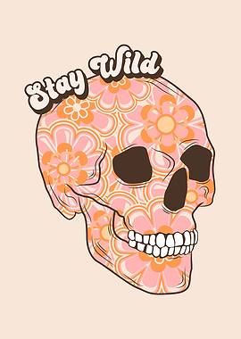 Floral Skull with 'Stay Wild' Text retro vintage
