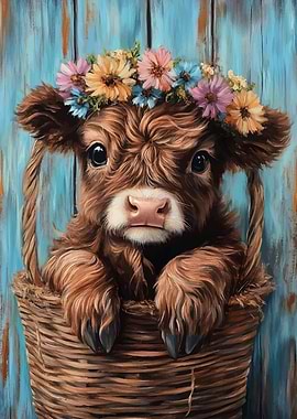 Cute Calf in Basket with Flowers