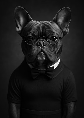 Dapper Dog Portrait in Black and White Intellectual French Bulldog with Glasses & Bowtie