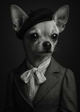 Elegant Chihuahua Portrait in Black and White - Chic Chihuahua in Beret and Bowtie