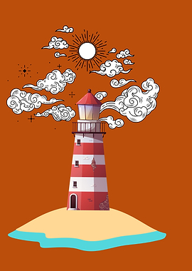 Lighthouse on Island with Clouds