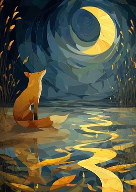 Fox Gazing at Moonlit Water