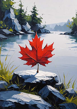Lakeside Maple Leaf Oil Painting