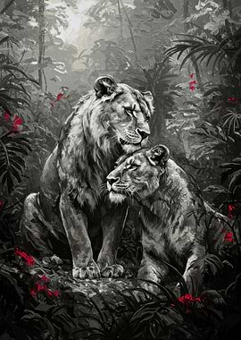 Lion and Lioness in Jungle Painting