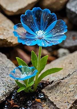 Blue Glass Flowers in Rock Crevice