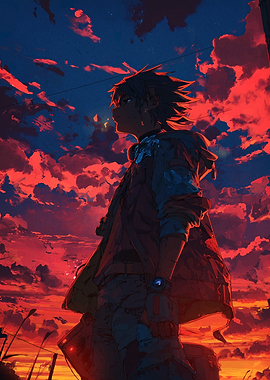 Anime Boy Silhouette Against Red Sky