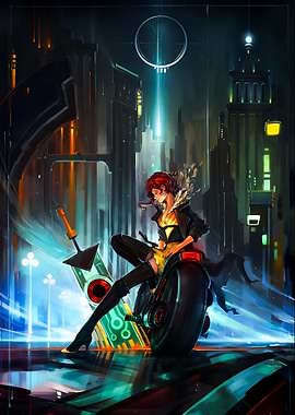 Transistor on futuristic motorcycle in cityscape