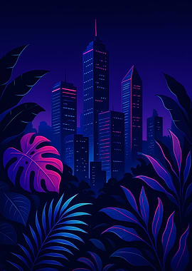 Neon Cityscape with Tropical Foliage