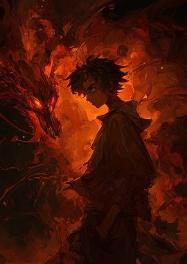 Boy and Dragon in Fiery Landscape