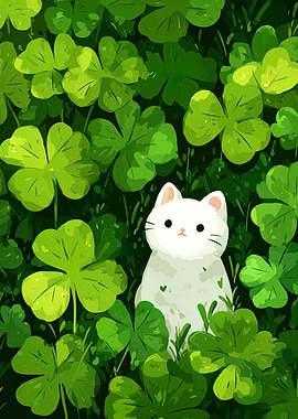 Cat in Clover Patch Illustration