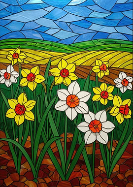 Stained Glass Daffodils in Field