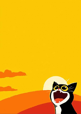 Cartoon Cat Yawning at Sunrise