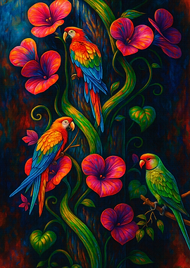 Colorful Parrots and Flowers