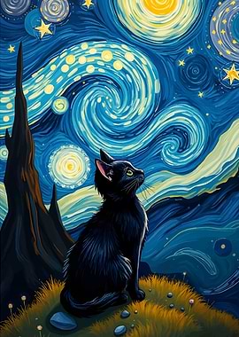 Black Cat Starry Night Art