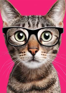 Cat with Glasses on Pink Background