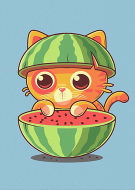 Cartoon Cat with Watermelon Helmet