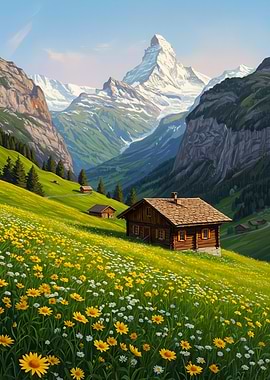 Alpine Meadow with Chalet and Mountains