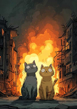 Two Cats in Burning Cityscape