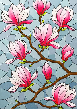 Magnolia Flowers Stained Glass Style Art