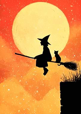 Witch and Cat Silhouette on Broom