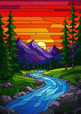 Stained Glass Mountain River Landscape