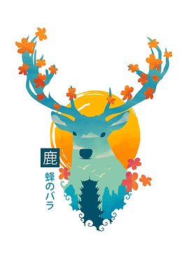 Deer Silhouette with Japanese Landscape